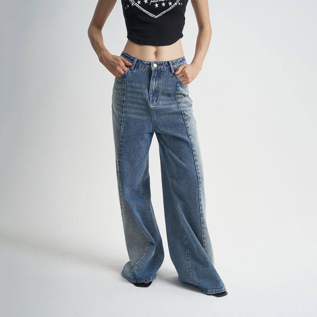 Women’s Washed Blue Straight Leg Jeans – High Waist Loose Fit Denim Pants