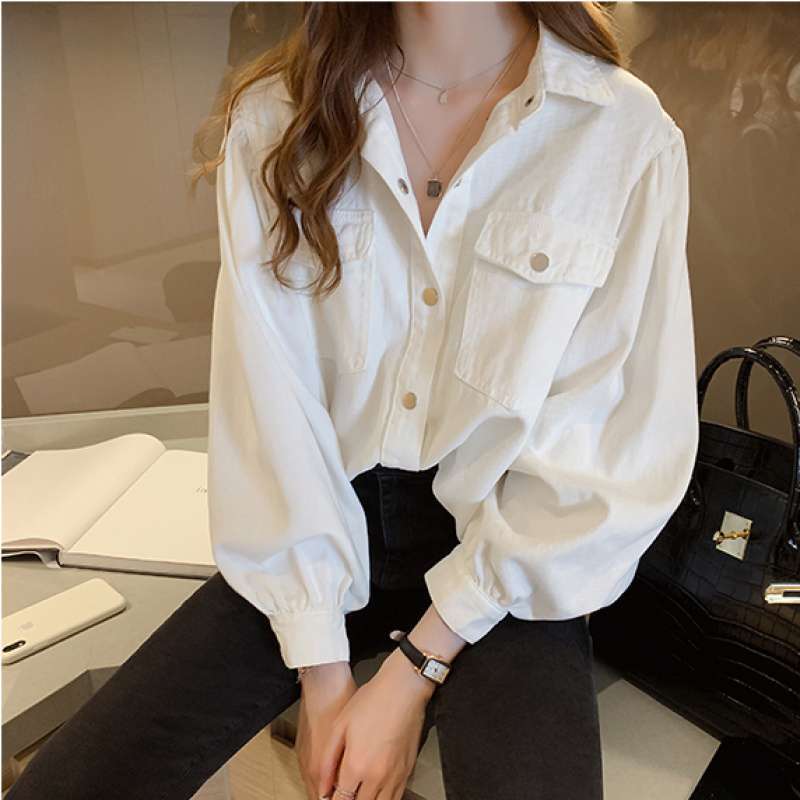 Women’s Korean Style Long Sleeve Blouse – Casual Polo Collar Pocket Shirt