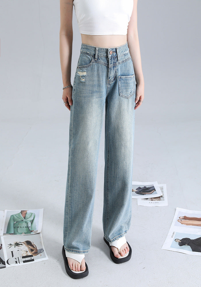 Women’s Irregular Straight Jeans – High Waist Blue Cotton Denim Fashion Pants