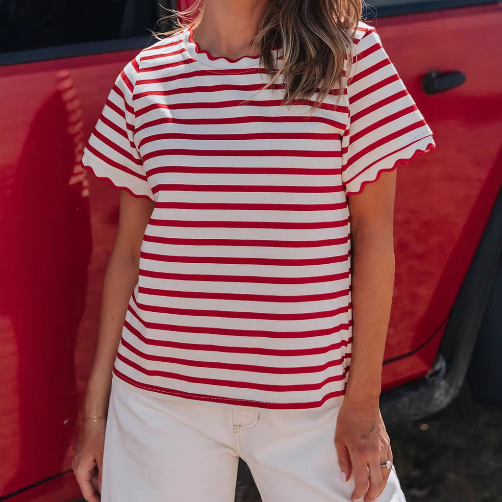 Women’s Trendy Striped Ruffled Hem Cotton T-Shirt