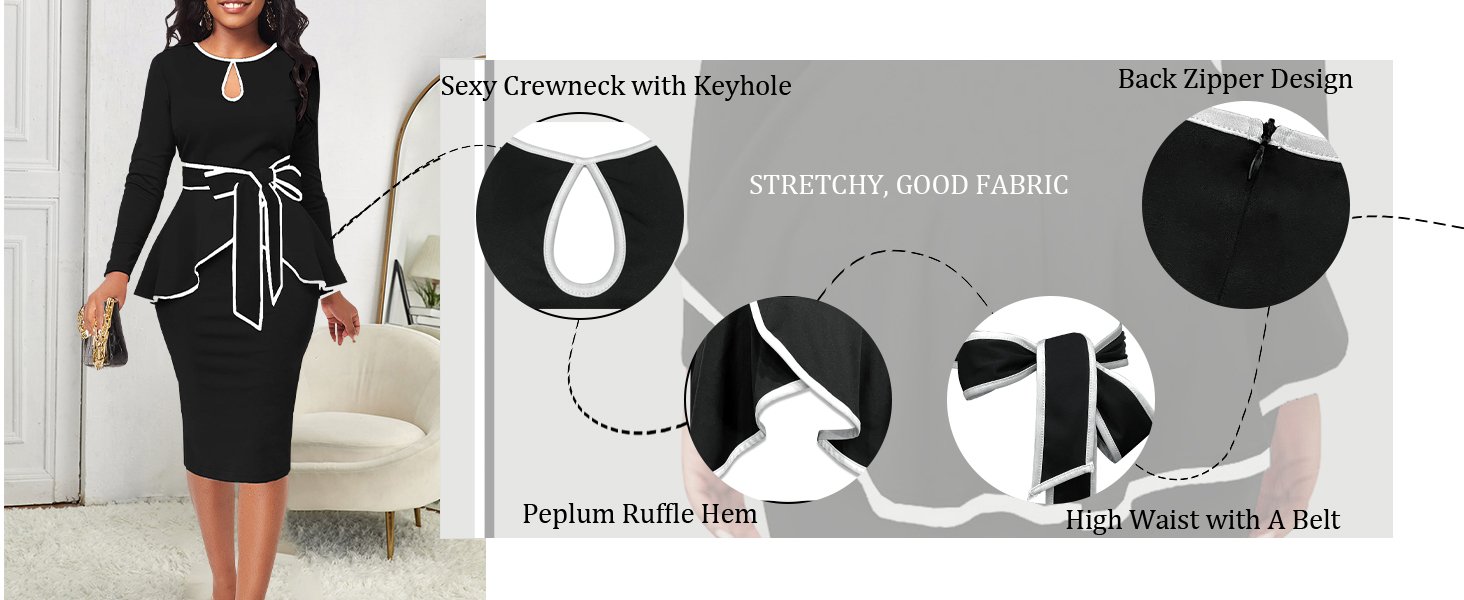 Women's Long Sleeve Dresses Keyhole Neckline  Peplum Business Formal Bodycon Pencil Dress