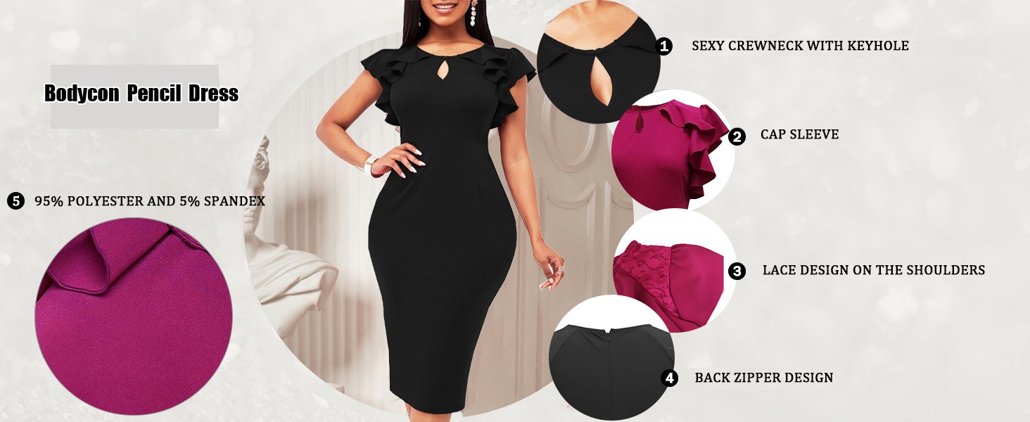 Bodycon Pencil Dress church dresses for women 2023 black ruffle sleeve dress short ruffle dress