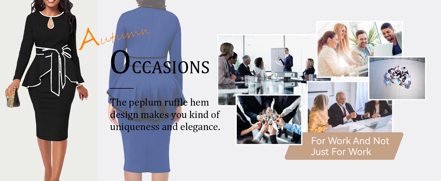 Long Sleeve Peplum Dresses for Women Crewneck Long Sleeve Peplum Ruffle Cocktail Pencil Knee Dress