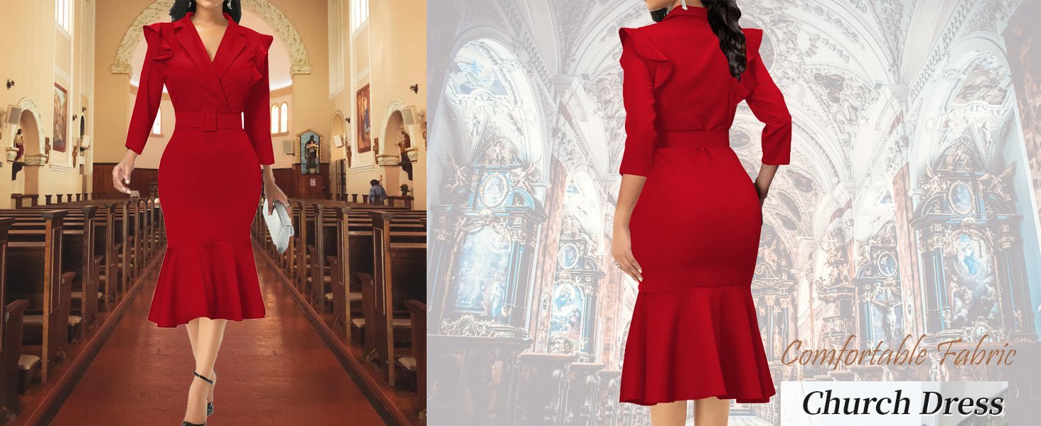  church dresses for women 2024 Midi Length Mermaid Dress Bodycon Pencil Dress long Sleeve Dress 