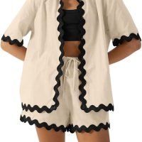 Women 2 Piece Outfits Summer Cotton Linen Button up Shirt and Shorts Set Loungewear for Beach Travel Vacation