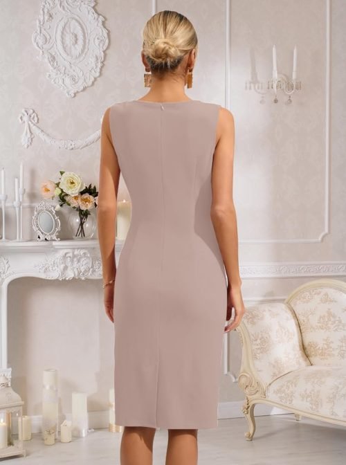 Womens Crew Neck Sleeveless Ruched Bodycon Sheath Work Cocktail Party Pencil Dresses