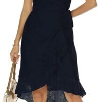 Women's Classic Floral Lace V Neck Wrap Dress Wedding Guest Ruffle Hem Split High Low Midi Cocktail Dresses 942