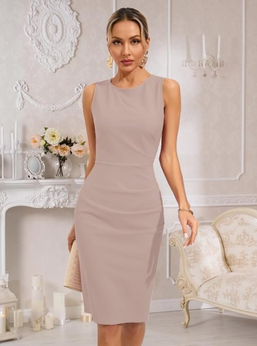 Womens Crew Neck Sleeveless Ruched Bodycon Sheath Work Cocktail Party Pencil Dresses