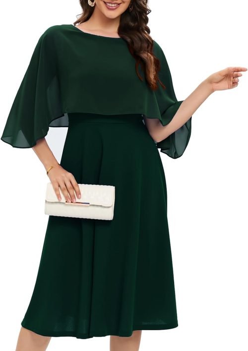 Womens Cape Dress with Chiffon Overlay Midi Party Cocktail Wedding Guest Dresses