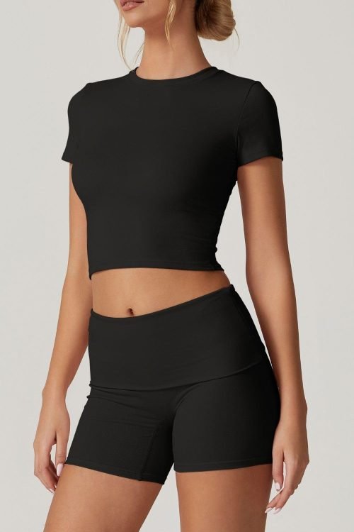 Women's 2 Piece Outfits Lounge Sets Slim Fitted Short Sleeve Crop Tops Fold Over Shorts Casual Comfy Trasuits