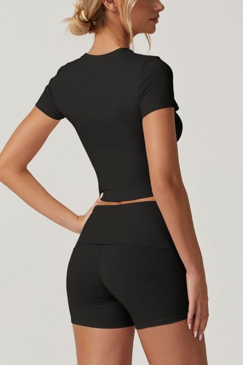 Women's 2 Piece Outfits Lounge Sets Slim Fitted Short Sleeve Crop Tops Fold Over Shorts Casual Comfy Trasuits