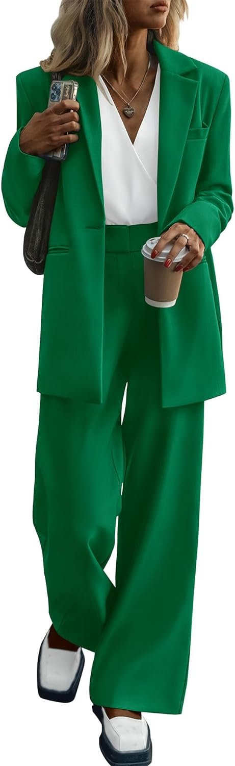 Women's 2024 Fall 2 Piece Blazer Set Casual Loose Long Blazer Jackets and Dressy Wide Leg Pant Suits with Pockets