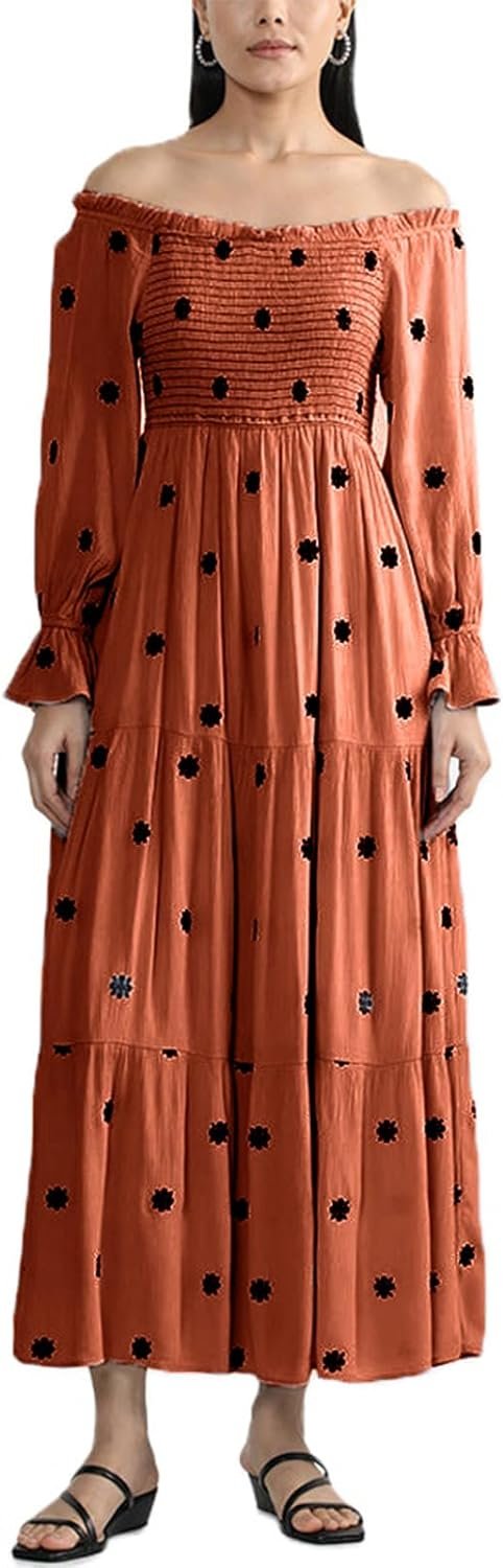 Women’s Floral Smocked Maxi Dress Boho Puff Sleeve Sweetheart A-Line Flowy Long Dresses Y2K Swing Beach Sundress