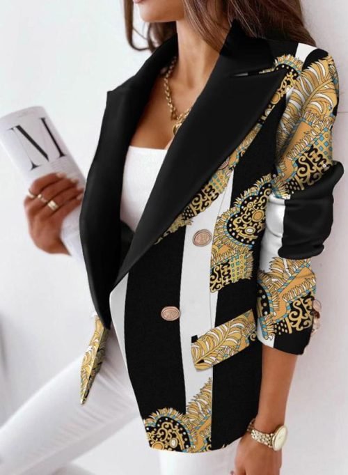 Women's Casual Blazer with Front Opening, Long Sleeves, Double-Breasted Design, Vintage Printed Plaid, Slim Fit Women's Blazer