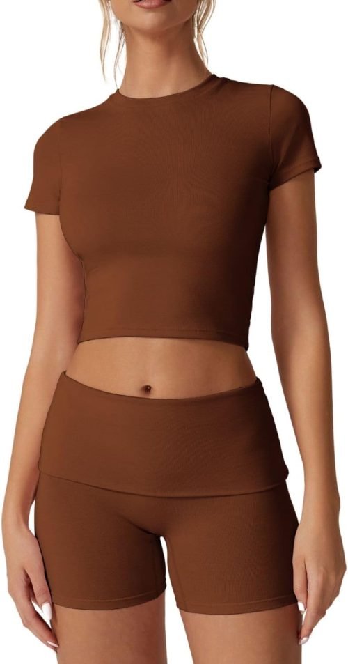 Women's 2 Piece Outfits Lounge Sets Slim Fitted Short Sleeve Crop Tops Fold Over Shorts Casual Comfy Trasuits