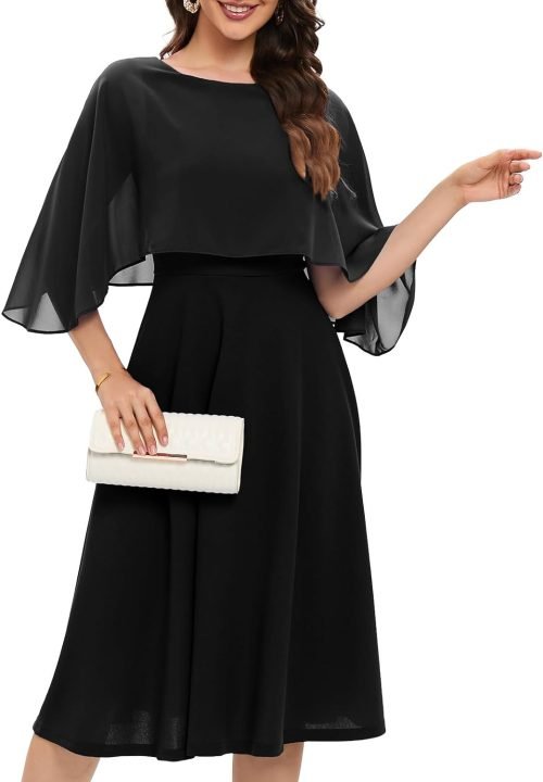 Womens Cape Dress with Chiffon Overlay Midi Party Cocktail Wedding Guest Dresses