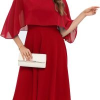 Womens Cape Dress with Chiffon Overlay Midi Party Cocktail Wedding Guest Dresses