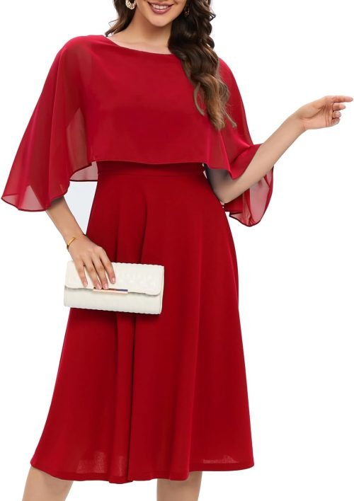 Womens Cape Dress with Chiffon Overlay Midi Party Cocktail Wedding Guest Dresses