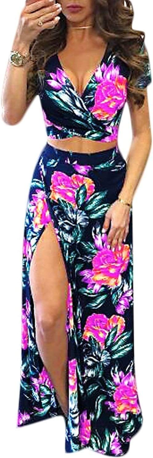 Womens Summer Sexy 2 Pieces Outfits Ruffle Floral Tank Top Wrap Boho Tropical Long Skirt Set Clubwear Dresses