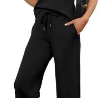 Two Piece Sets for Women Summer Outfits Lounge Sets Mock Neck Tops Wide Leg Crop Pants Vacation Travel Outfits