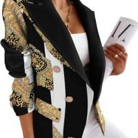 Women's Casual Blazer with Front Opening, Long Sleeves, Double-Breasted Design, Vintage Printed Plaid, Slim Fit Women's Blazer