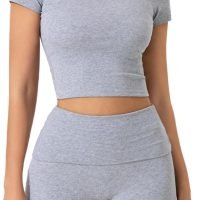 Women's 2 Piece Outfits Lounge Sets Slim Fitted Short Sleeve Crop Tops Fold Over Shorts Casual Comfy Trasuits