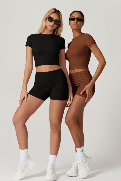 Women's 2 Piece Outfits Lounge Sets Slim Fitted Short Sleeve Crop Tops Fold Over Shorts Casual Comfy Trasuits