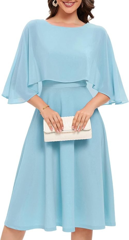Womens Cape Dress with Chiffon Overlay Midi Party Cocktail Wedding Guest Dresses