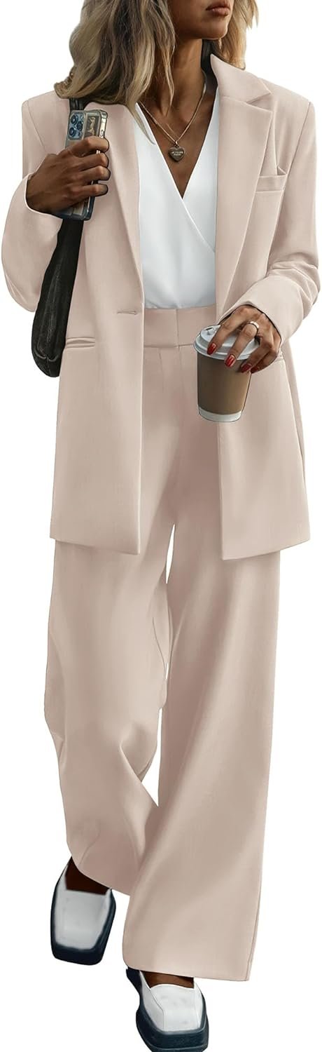 Women's 2024 Fall 2 Piece Blazer Set Casual Loose Long Blazer Jackets and Dressy Wide Leg Pant Suits with Pockets