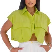2024 Women's Summer Cute Button Down Shirts Crop Tops Fashion Lapel Cap Sleeves Blouse Trendy Streetwear