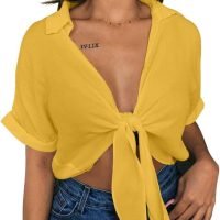 Womens Summer Short Sleeve Shirts V Neck Tie Knot Batwing Blouses Tops