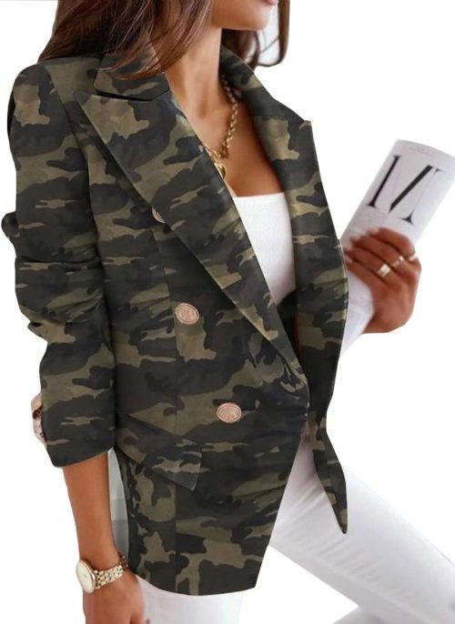 Women's Casual Blazer with Front Opening, Long Sleeves, Double-Breasted Design, Vintage Printed Plaid, Slim Fit Women's Blazer