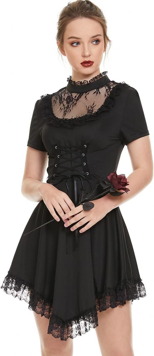 Gothic Dresses Vintage Lace-up Dress Classic Little Black Dress for Women Black Goth Dress