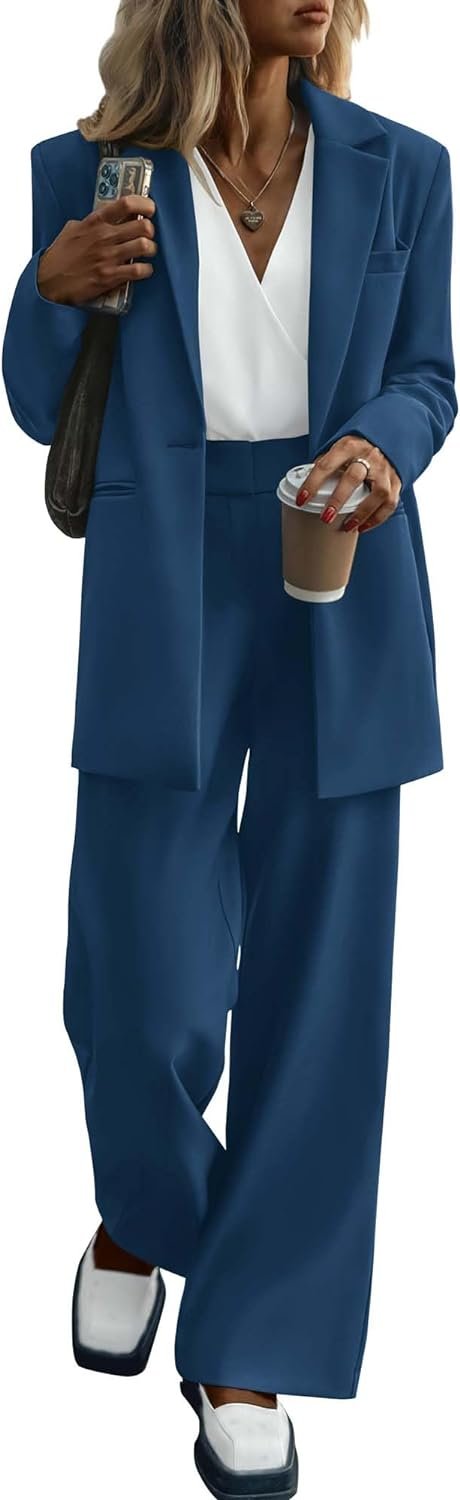 Women's 2024 Fall 2 Piece Blazer Set Casual Loose Long Blazer Jackets and Dressy Wide Leg Pant Suits with Pockets