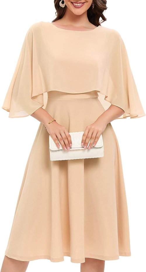 Womens Cape Dress with Chiffon Overlay Midi Party Cocktail Wedding Guest Dresses