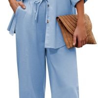 Women 2 Piece Linen Sets 2023 Button Down Shirt and Drawstring Long Pants Set Summer Outfits