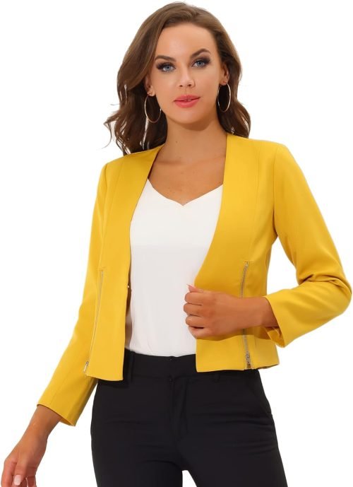 Women's Crop Collarless Blazers Suit Zip Decor Work Office Jackets Blazer