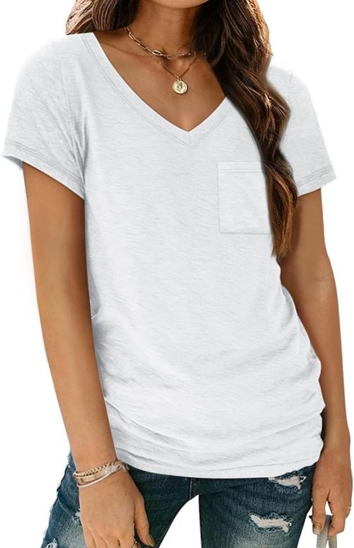 Womens T Shirts Short Sleeve V Neck Tops with Pockets Summer Fashion Trendy Soft Casual Comfy Outfits Clothes 2024
