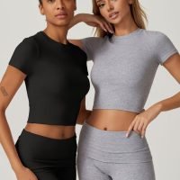 Women's 2 Piece Outfits Lounge Sets Slim Fitted Short Sleeve Crop Tops Fold Over Shorts Casual Comfy Trasuits
