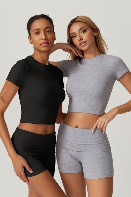 Women's 2 Piece Outfits Lounge Sets Slim Fitted Short Sleeve Crop Tops Fold Over Shorts Casual Comfy Trasuits