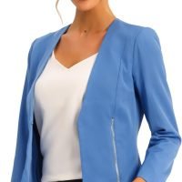 Women's Crop Collarless Blazers Suit Zip Decor Work Office Jackets Blazer
