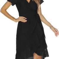 Women's Classic Floral Lace V Neck Wrap Dress Wedding Guest Ruffle Hem Split High Low Midi Cocktail Dresses 942