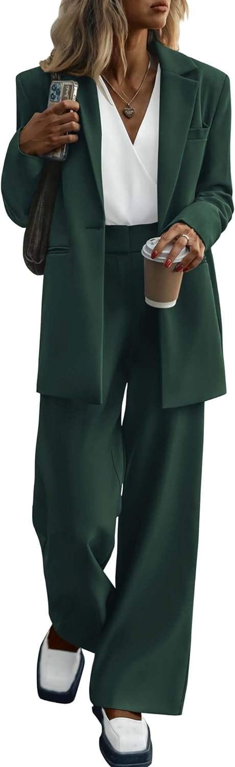 Women's 2024 Fall 2 Piece Blazer Set Casual Loose Long Blazer Jackets and Dressy Wide Leg Pant Suits with Pockets