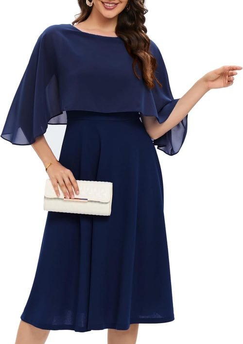 Womens Cape Dress with Chiffon Overlay Midi Party Cocktail Wedding Guest Dresses