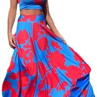 Womens Summer Sexy 2 Pieces Outfits Ruffle Floral Tank Top Wrap Boho Tropical Long Skirt Set Clubwear Dresses