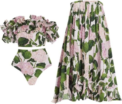 Women Floral Print Swimsuit Ruffles Bikini Set with Skirt Swimwear 3 Piece Bathing Suits Summer Holiday Outfits
