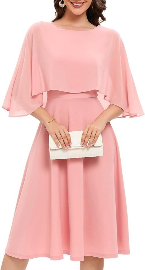 Womens Cape Dress with Chiffon Overlay Midi Party Cocktail Wedding Guest Dresses