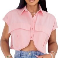 2024 Women's Summer Cute Button Down Shirts Crop Tops Fashion Lapel Cap Sleeves Blouse Trendy Streetwear
