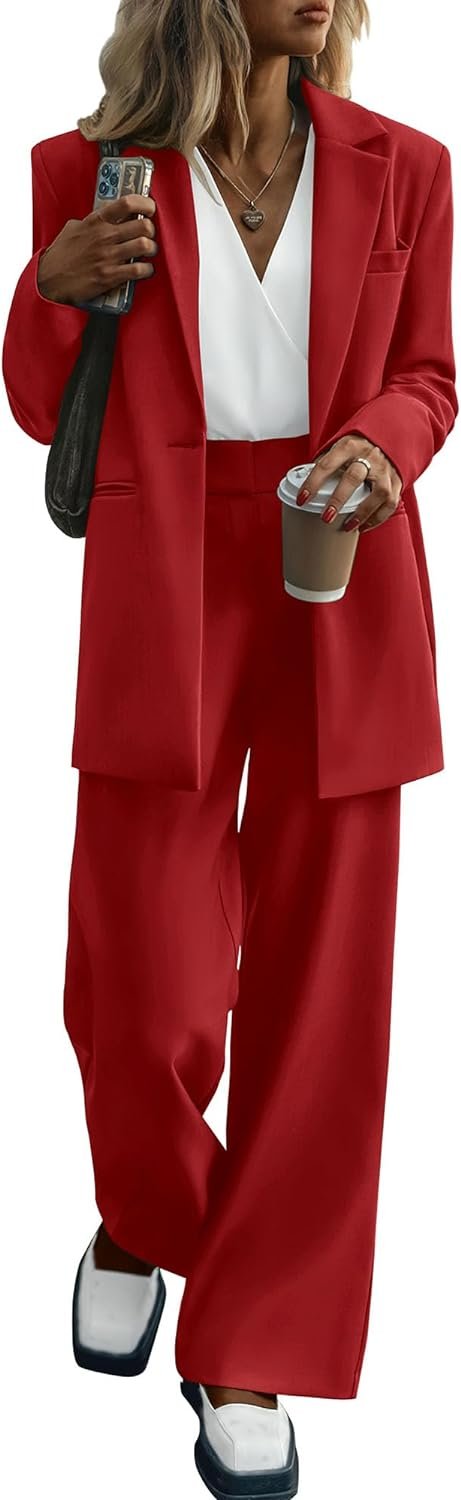 Women's 2024 Fall 2 Piece Blazer Set Casual Loose Long Blazer Jackets and Dressy Wide Leg Pant Suits with Pockets