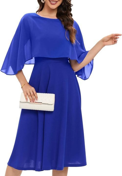 Womens Cape Dress with Chiffon Overlay Midi Party Cocktail Wedding Guest Dresses